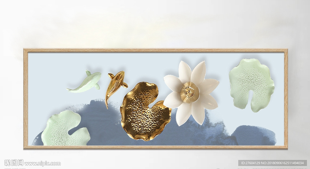 中式浮雕陶瓷荷花金鱼装饰画