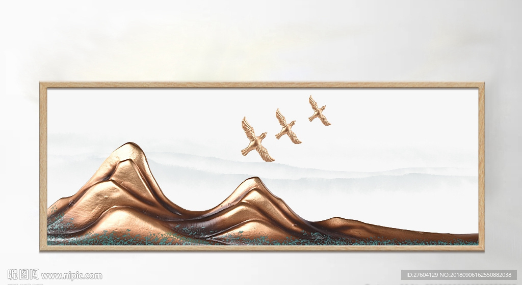 中式浮雕山川飞鸟装饰画