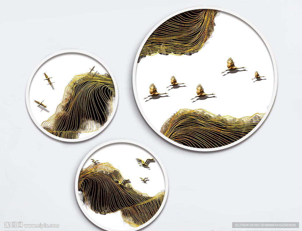 水墨金色线条飞鸟装饰画