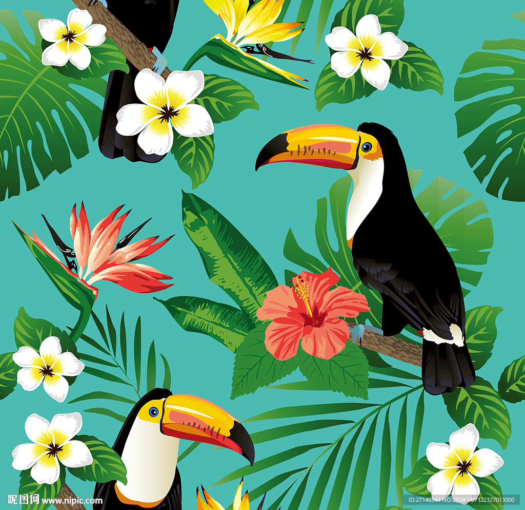 热带花鸟矢量无缝图案