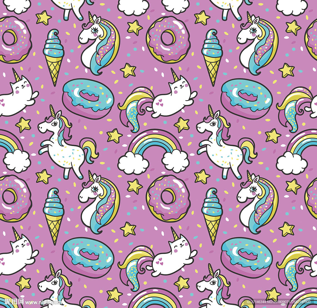 独角兽可爱卡通无缝图案