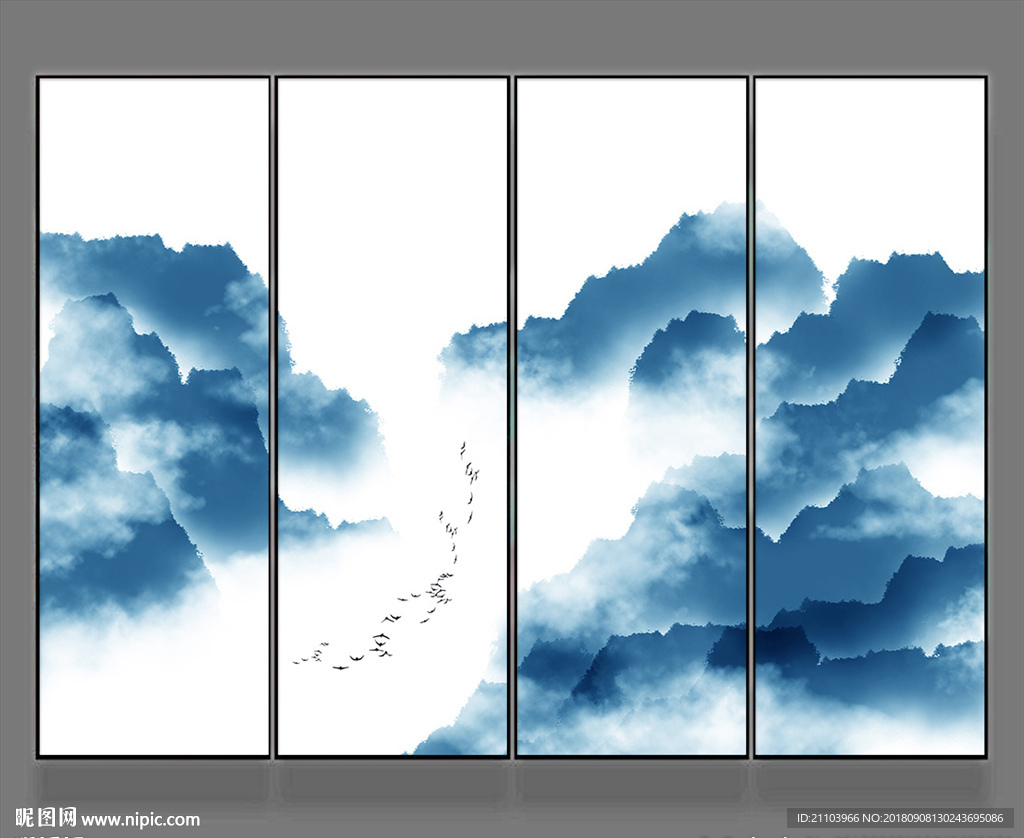 新中式水墨山水飞鸟客厅蓝色条幅