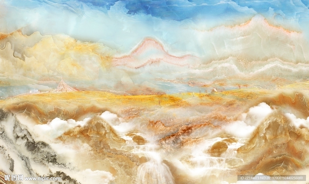 蓝色金砂大理石纹山水背景墙壁画