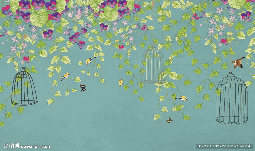 写意花藤鸟笼背景墙