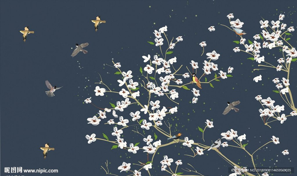 手绘花朵花鸟背景墙