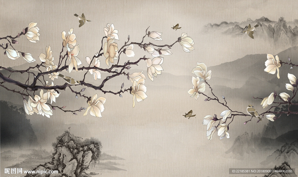 山水背景手绘花鸟背景墙
