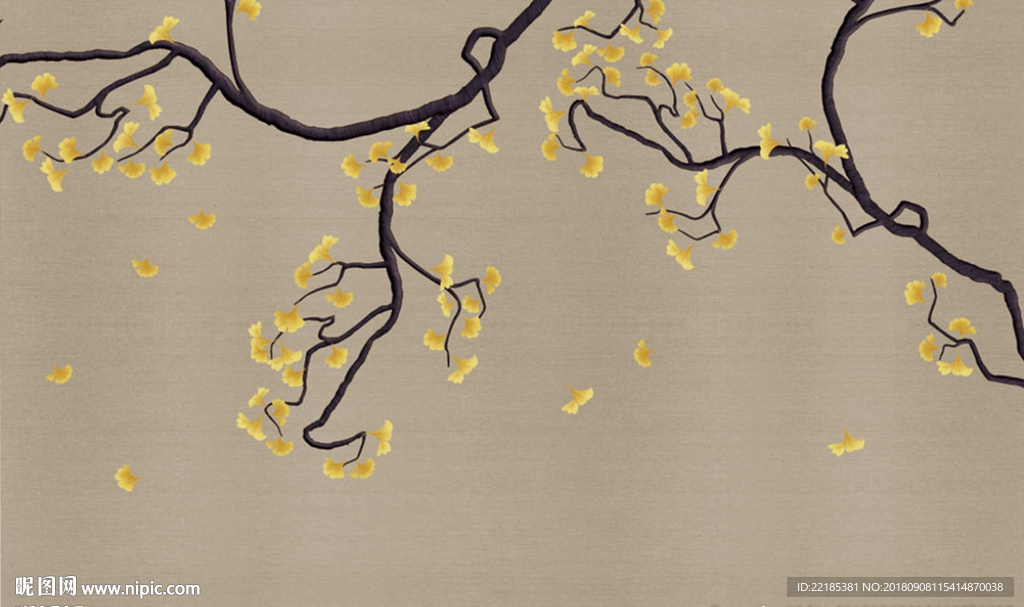 工笔银杏叶背景墙