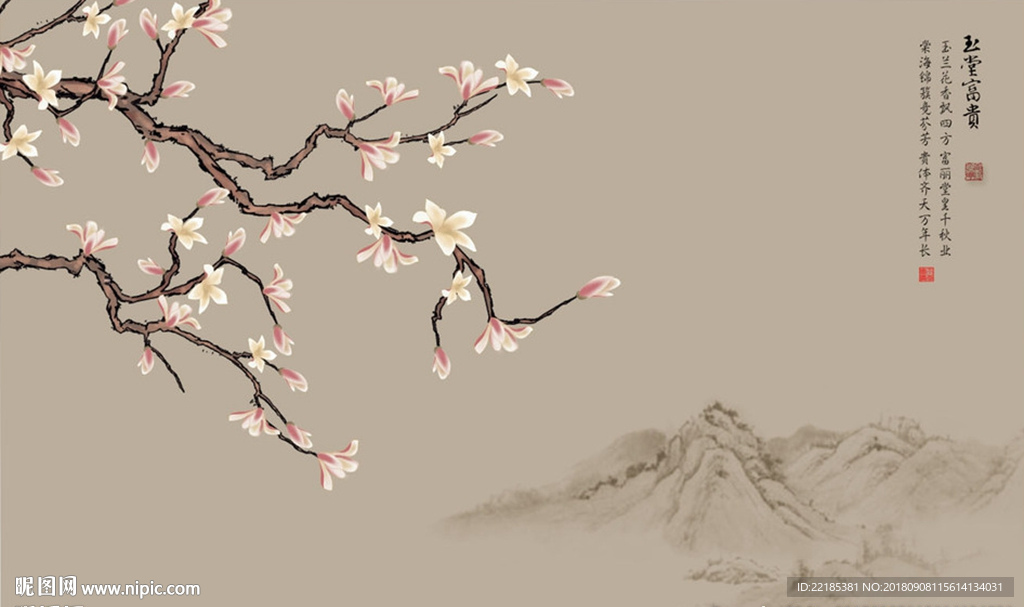 手绘工笔花鸟背景墙