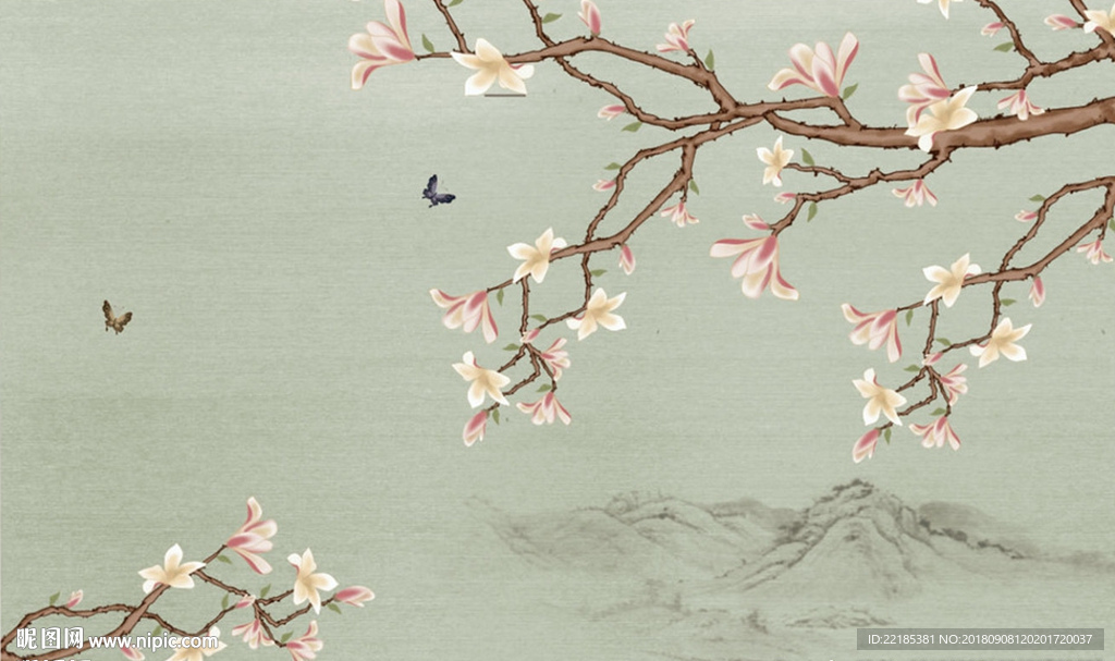 中式手绘玉兰花背景墙