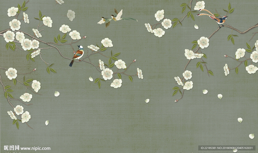 手绘花鸟玉兰背景墙