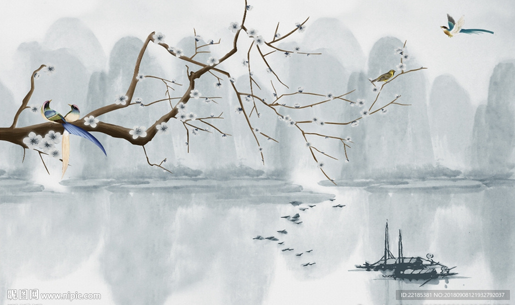 中式花鸟水墨背景墙
