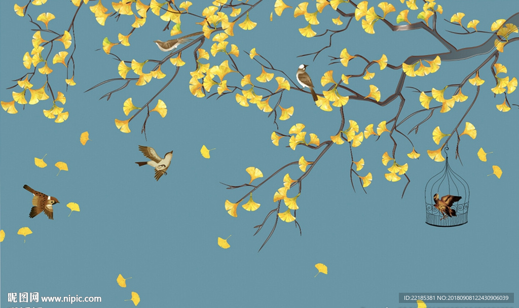 中式手绘枫叶树枝写实花鸟背景墙