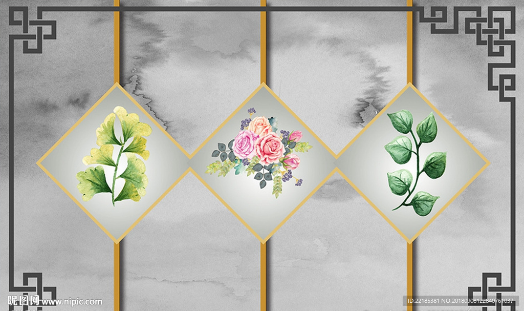 中式意境山水花鸟背景墙