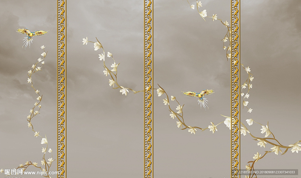 手绘植物花鸟风景背景墙