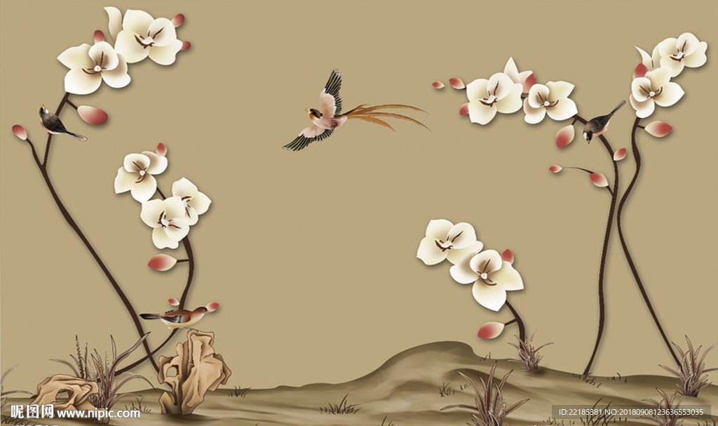 中式手绘花鸟背景墙
