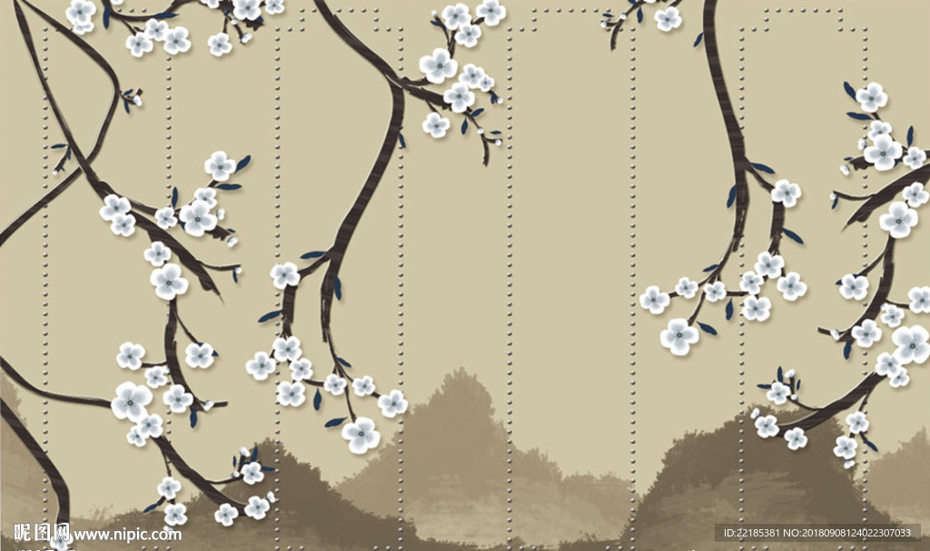 中式山水花鸟背景墙