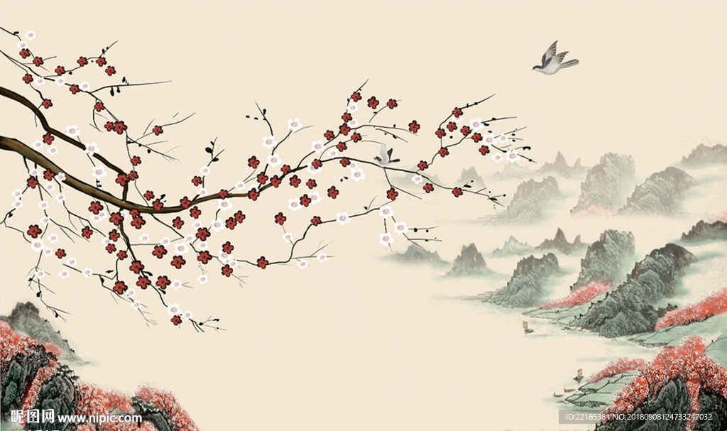 山水手绘梅花花鸟背景墙