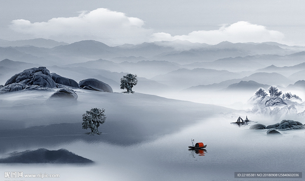 中式抽象远山山水风景背景墙
