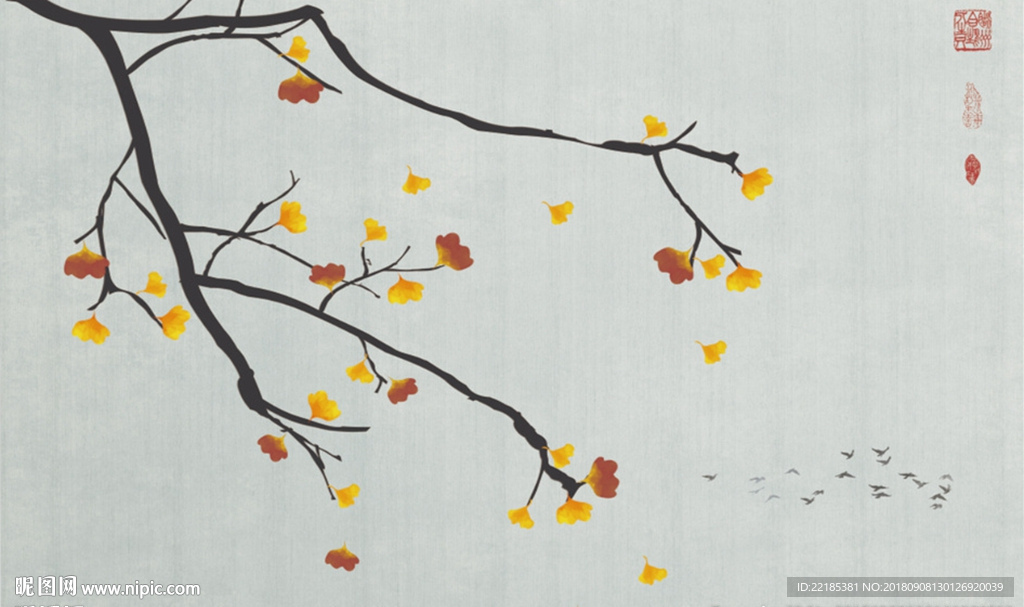 新中式手绘银杏叶背景墙