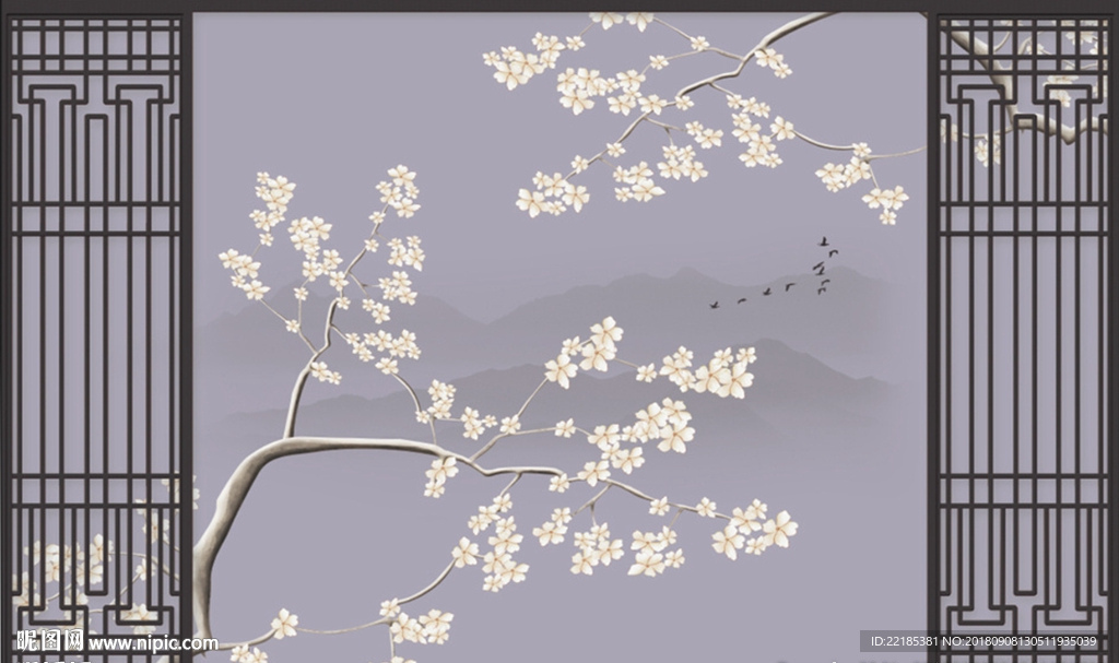 玉兰手绘工笔花鸟背景墙