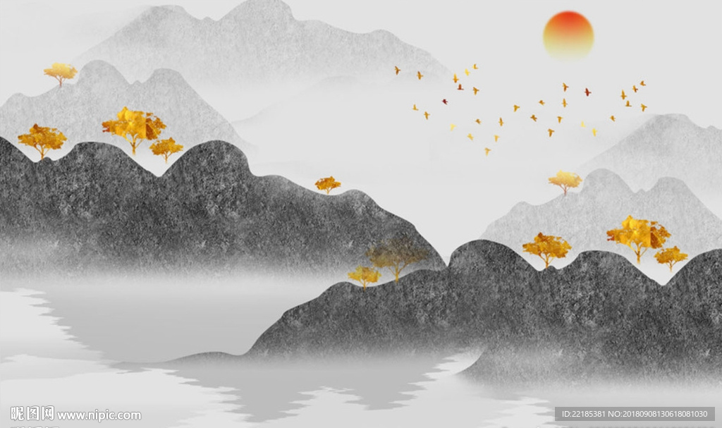 抽象金箔水墨山水背景墙