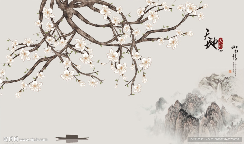 手绘工笔花鸟背景墙