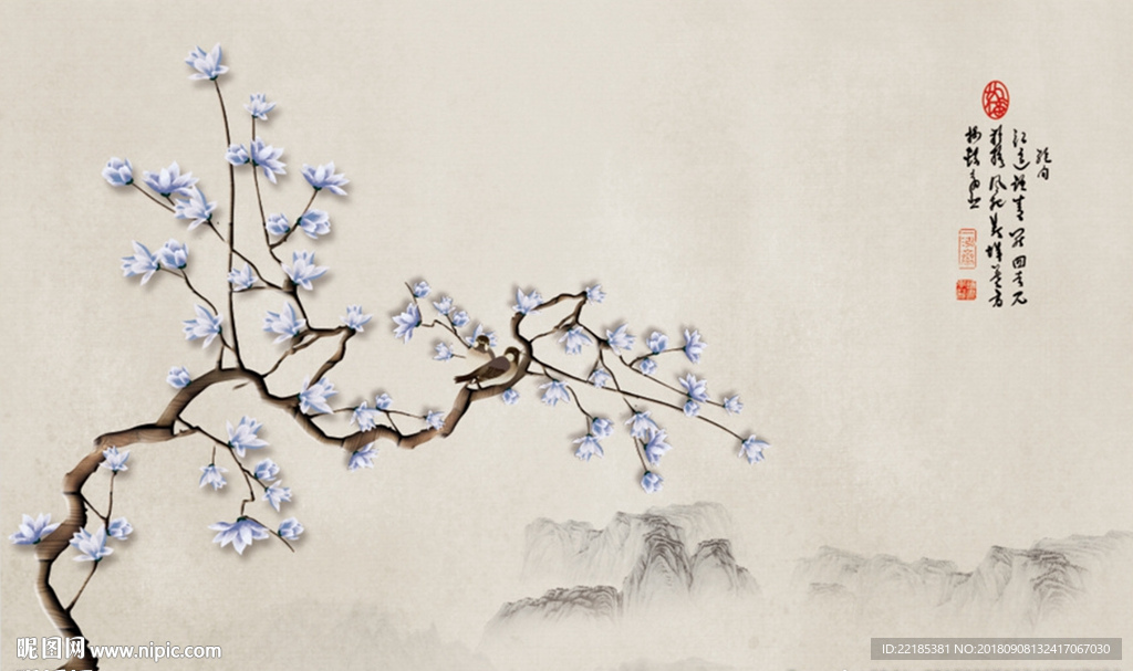 工笔花鸟山水背景墙