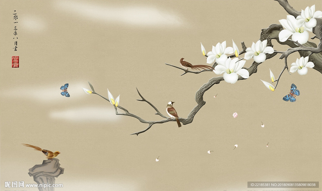 工笔手绘花鸟背景墙