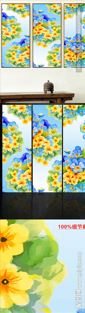 中式手绘水彩花卉三联装饰画