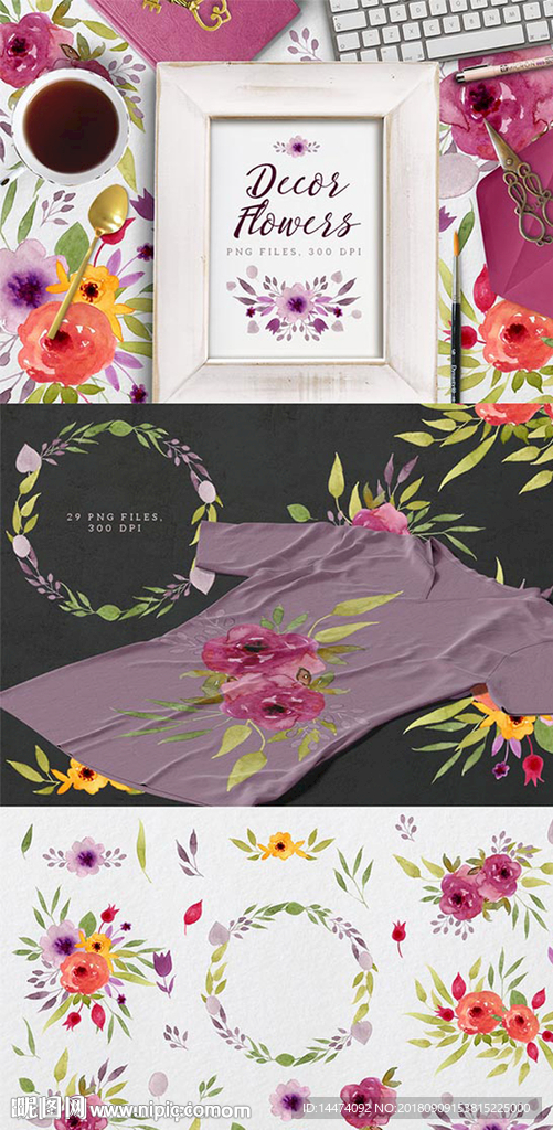 手绘花朵花环叶子