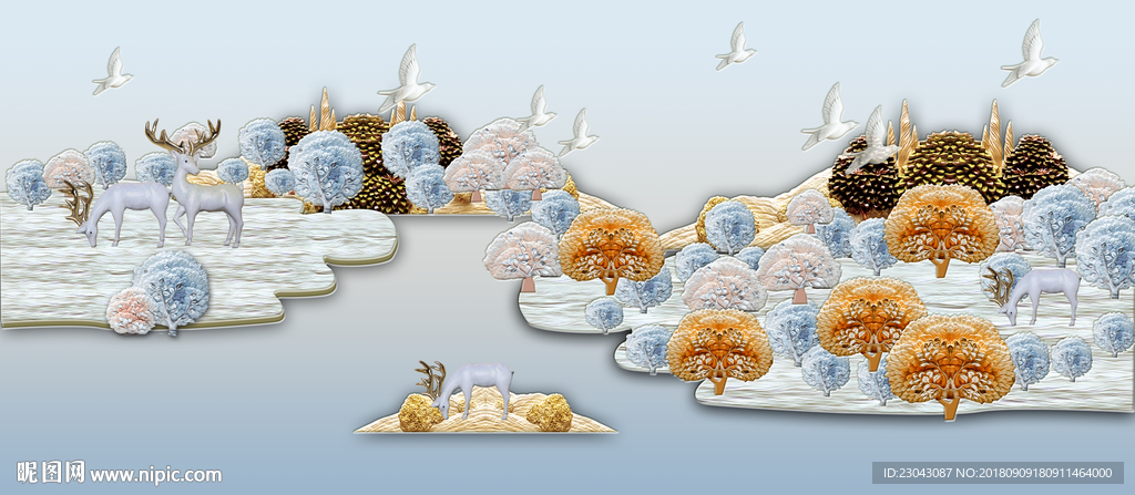 浮雕立体欧式发财树麋鹿装饰画