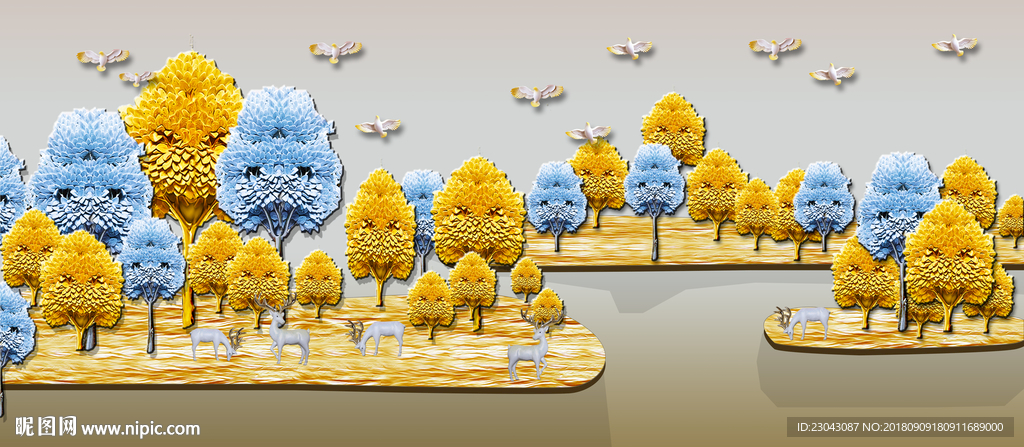 浮雕立体欧式发财树麋鹿装饰画