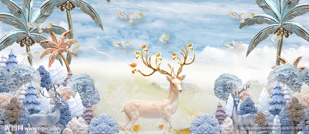 浮雕立体欧式发财树麋鹿装饰画