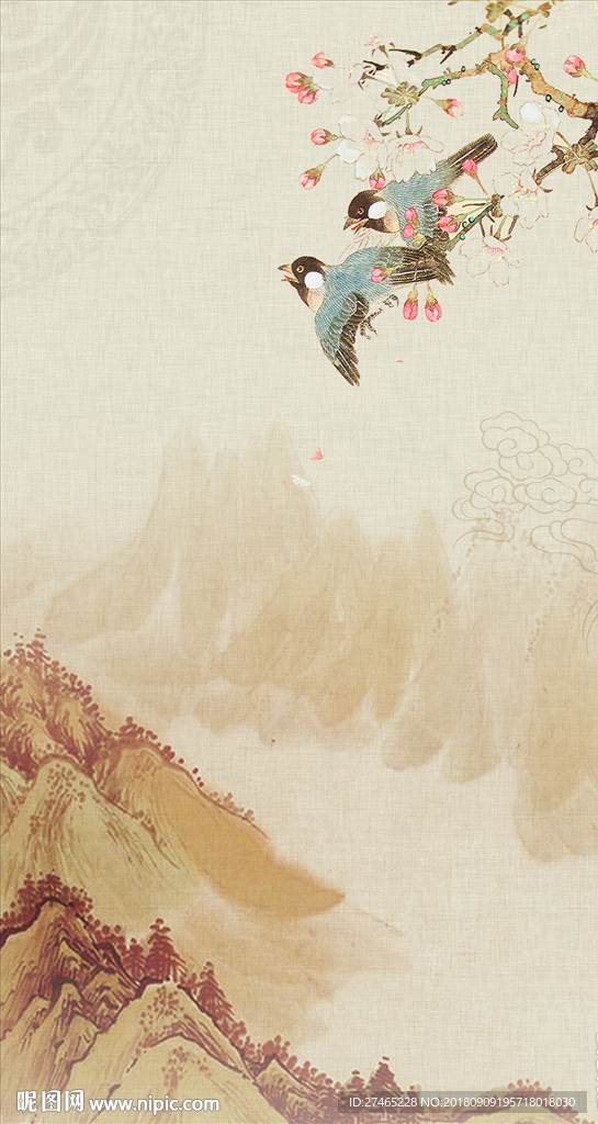 中国风喜鹊报春山水图春色主题