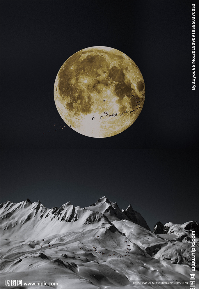 金色月亮黑色背景山装饰画