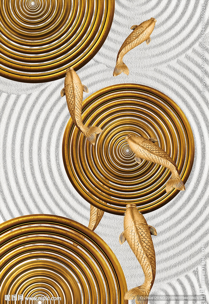 金色抽象鱼年轮漩涡装饰画