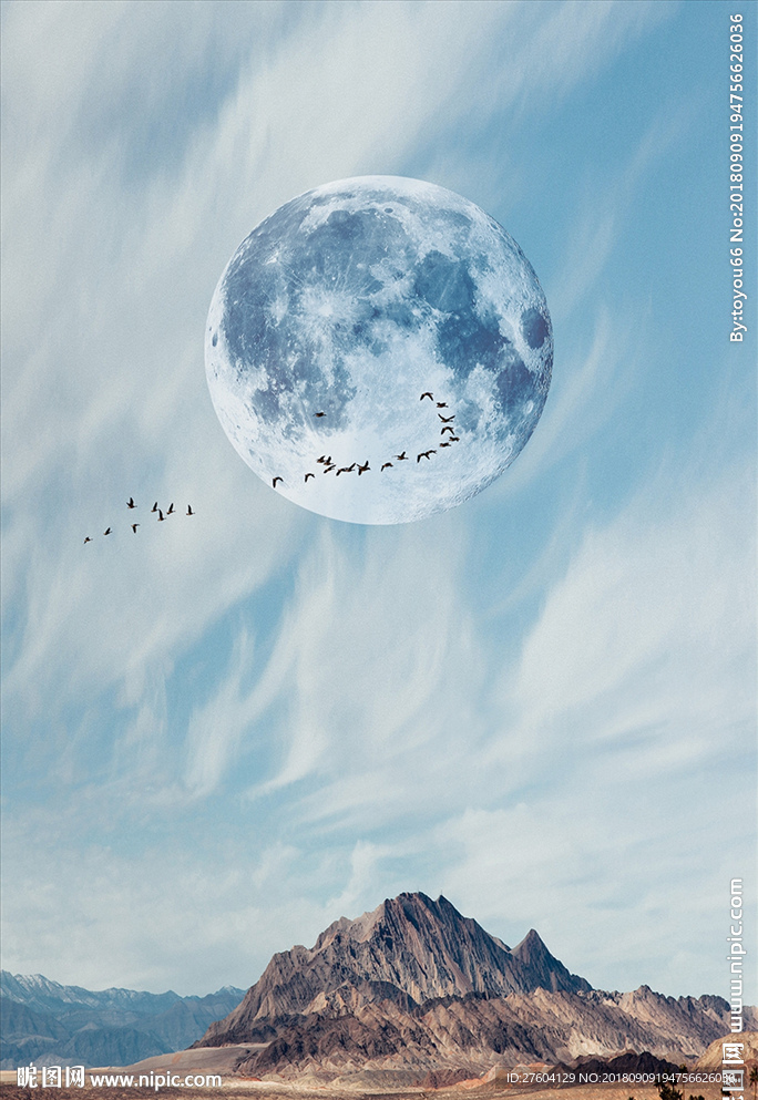 月亮飞鸟山抽象天空装饰画
