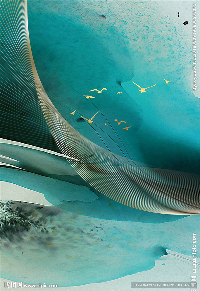 抽象金色线条飞鸟装饰画