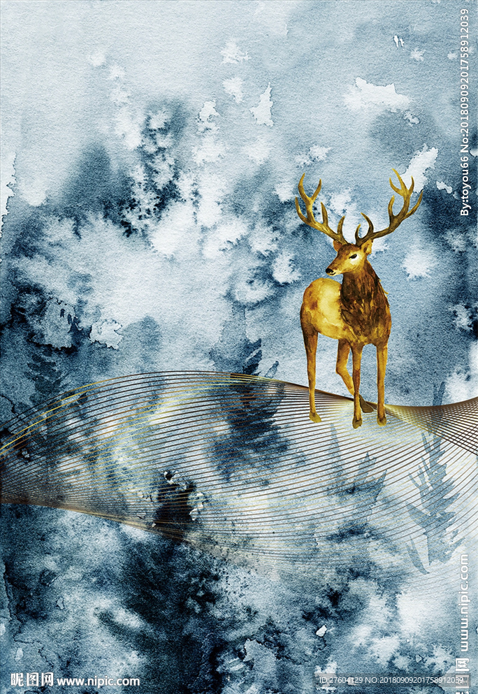 北欧抽象雪天冬景鹿装饰画