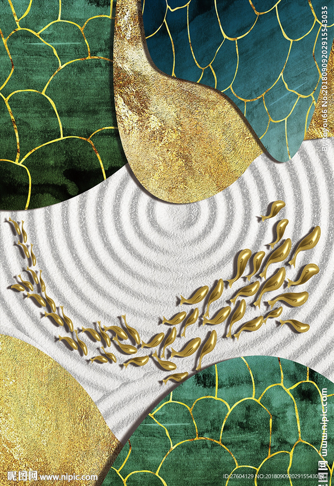 抽象金箔鱼群植物装饰画