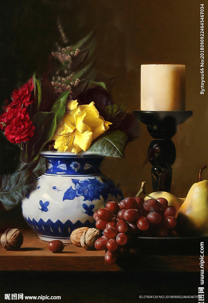 北欧油画瓶子花朵水果装饰画