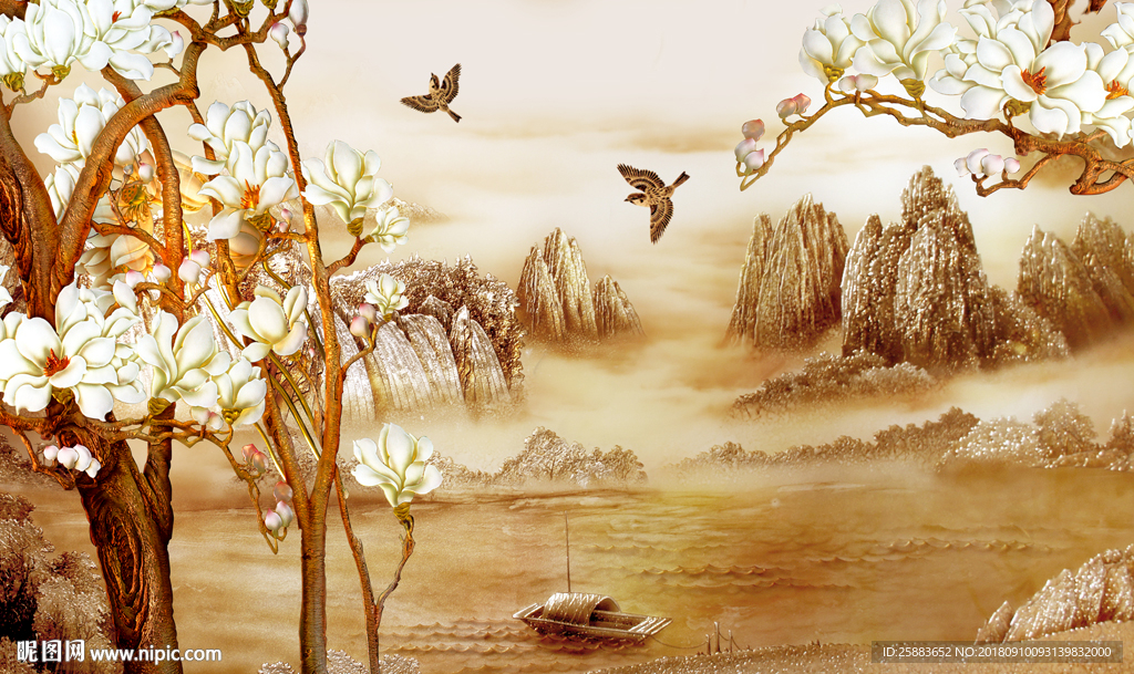 花鸟山水彩雕电视背景墙