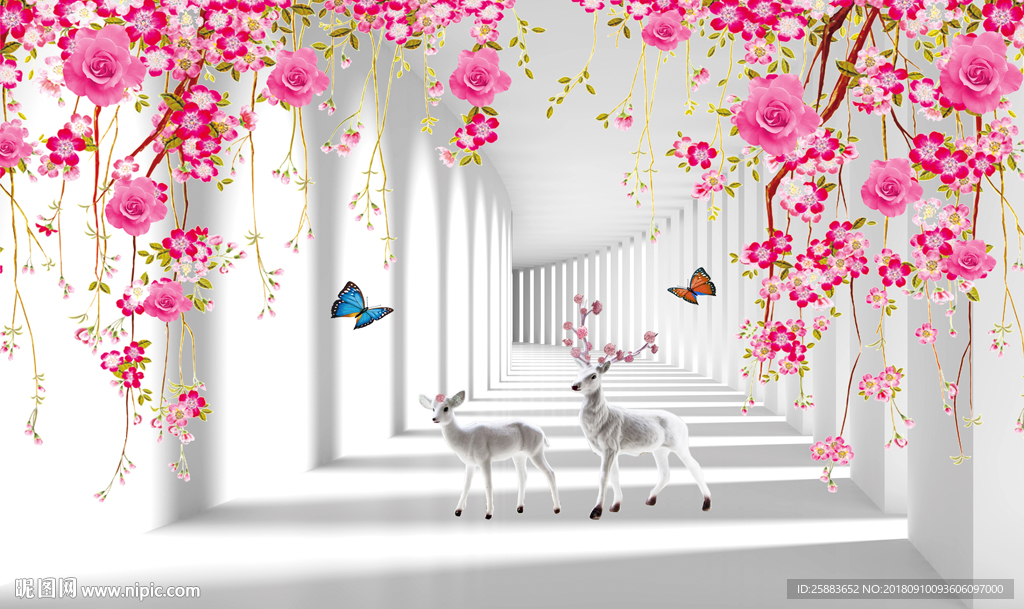 温馨时尚花藤梅花鹿3D电视背景