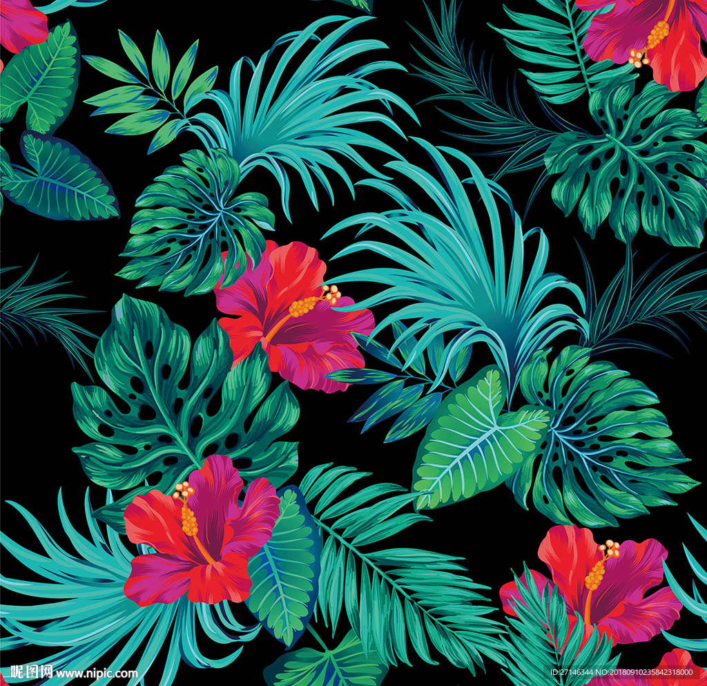 热带植物矢量无缝图案
