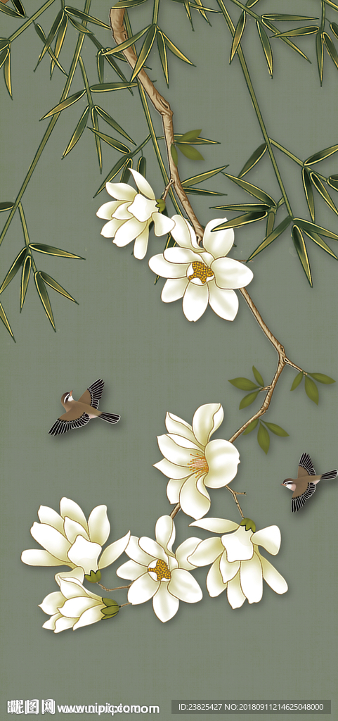 新中式手绘玉兰花鸟玄关背景墙