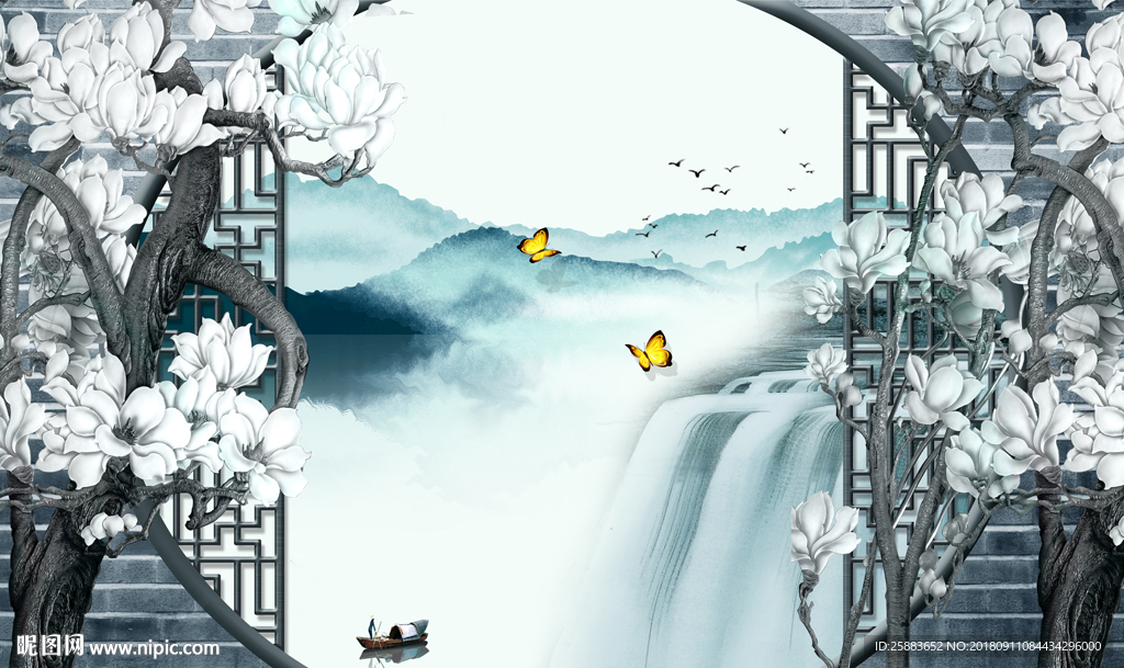 玉兰花江南山水拱门电视背景墙