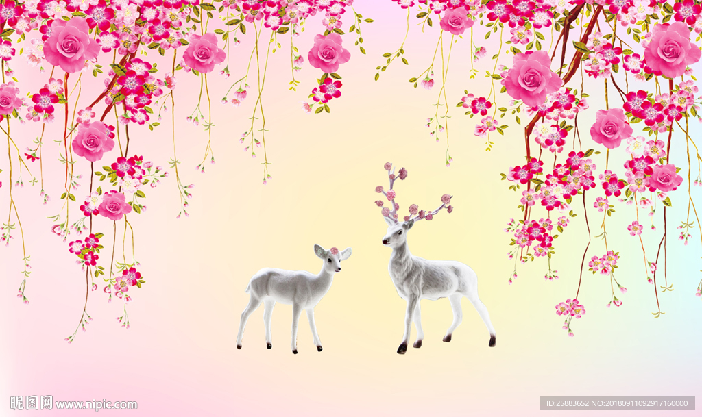 温馨花藤梅花鹿电视背景墙