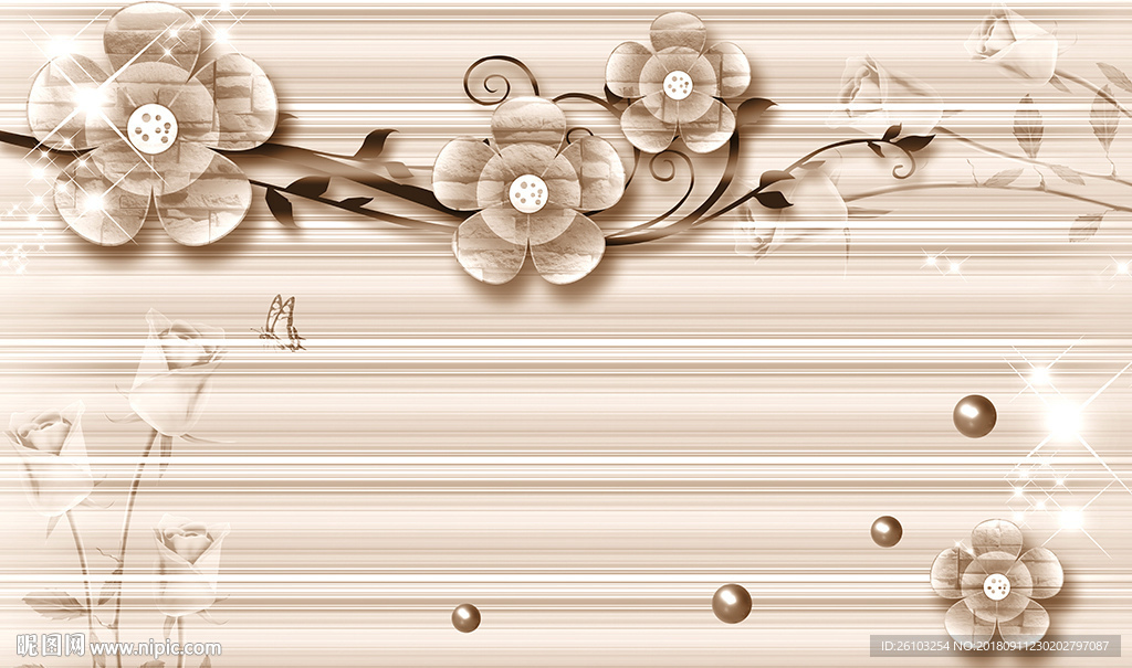 简约花卉蝴蝶电视背景墙