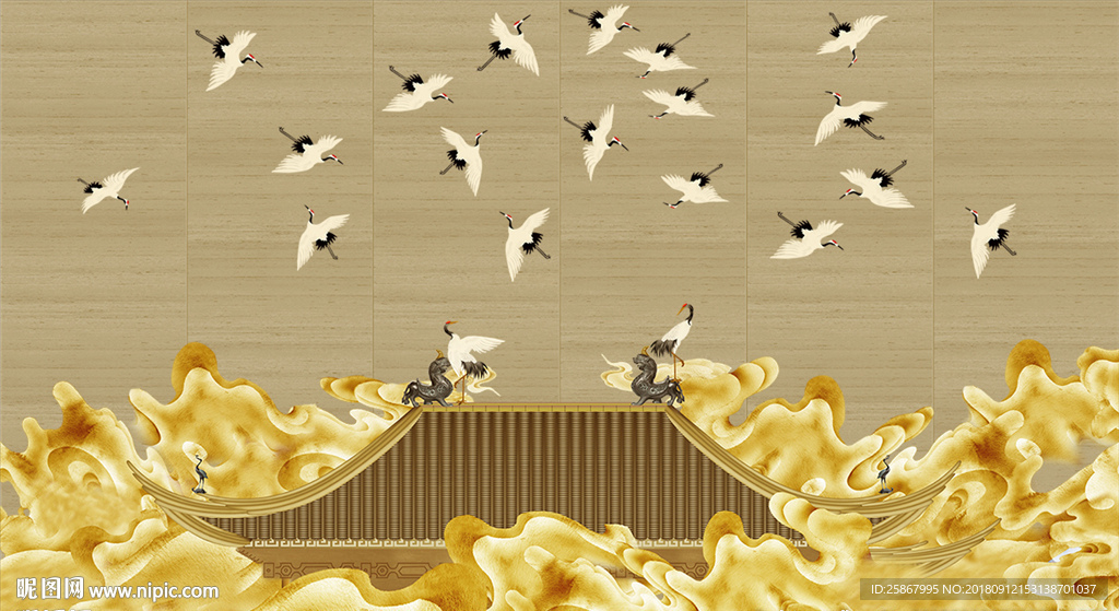中式禅意山水花鸟壁画-新瑞鹤图
