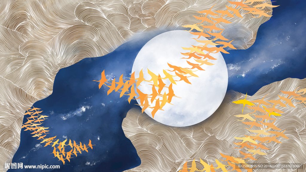 新中式水墨金线抽象千鸟图